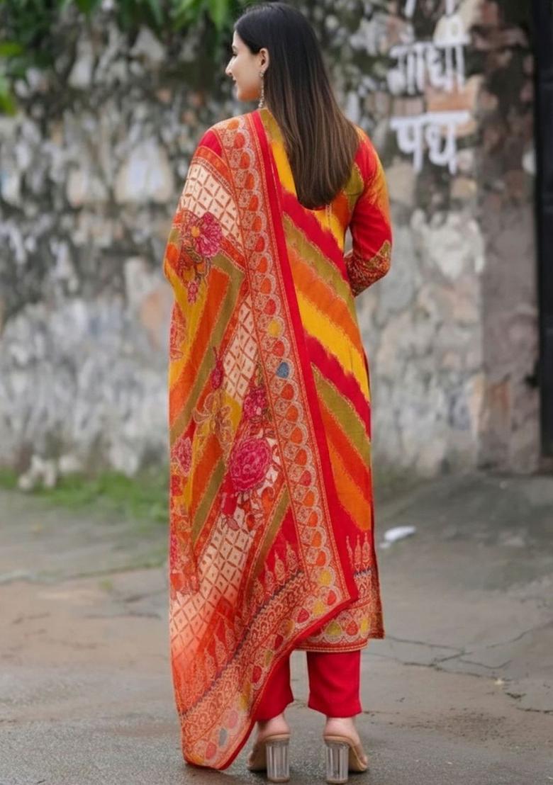 Red Printed Viscose Kurta Set - Indya