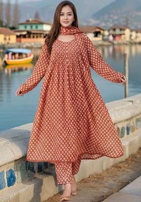 Red Printed Viscose Kurta Set