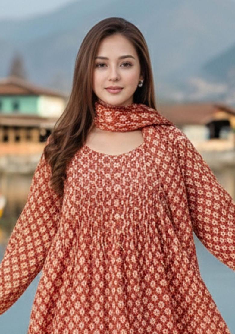 Red Printed Viscose Kurta Set - Indya