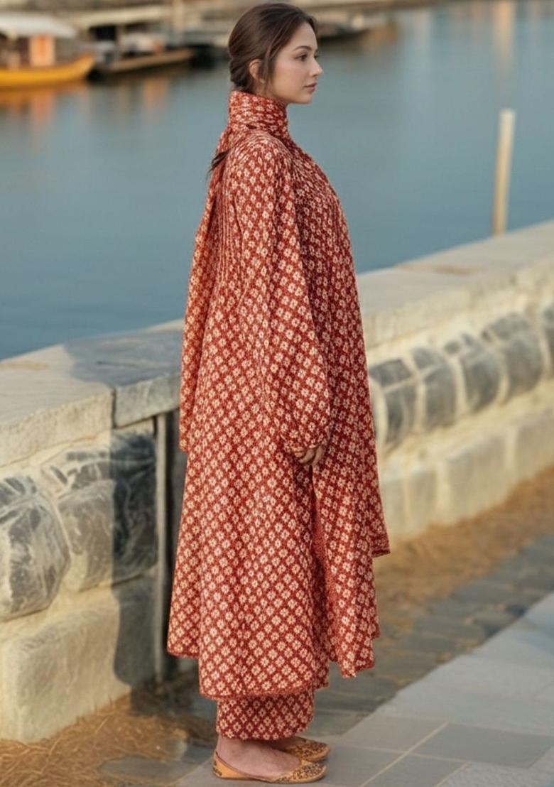 Red Printed Viscose Kurta Set - Indya