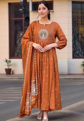 Rust Embroidered Viscose Kurta Set