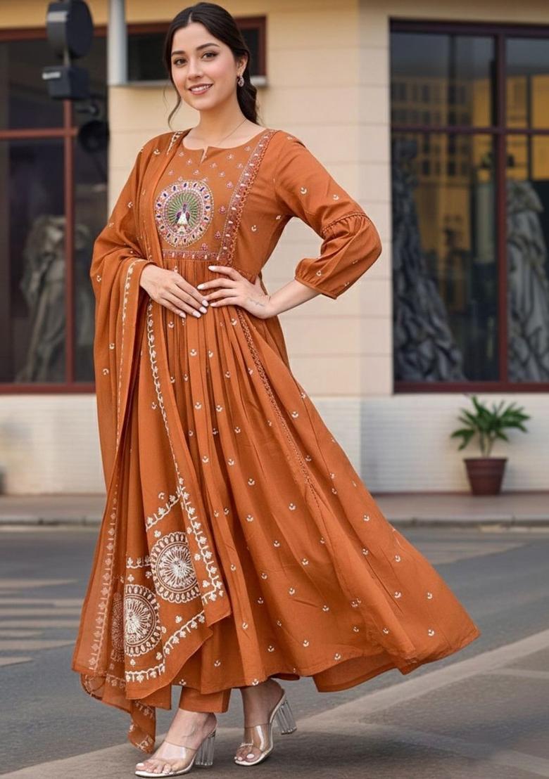 Rust Embroidered Viscose Kurta Set - Indya