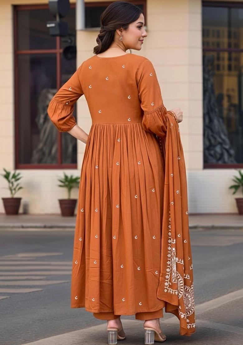 Rust Embroidered Viscose Kurta Set - Indya