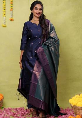 Navy Blue Woven Design Silk Kurta Set