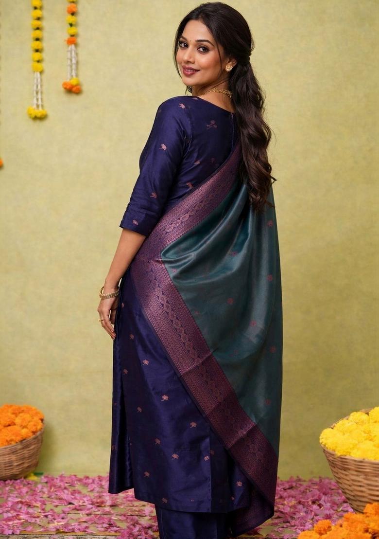 Navy Blue Woven Design Silk Kurta Set - Indya