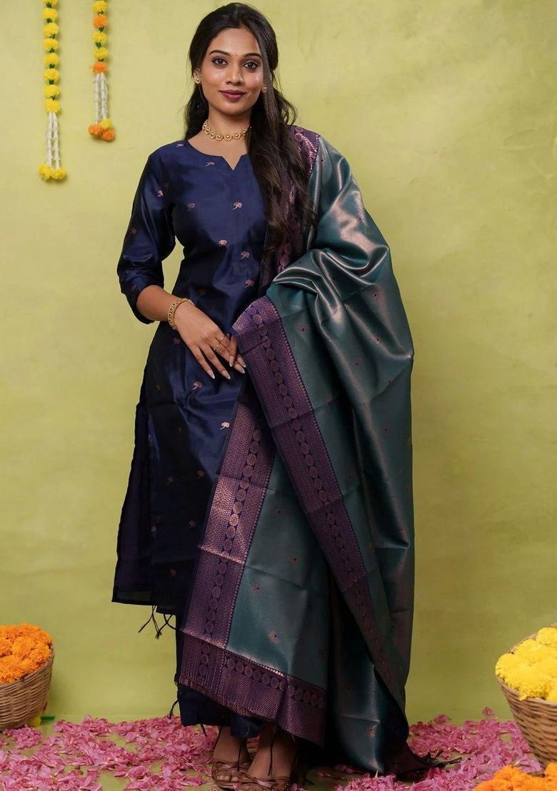 Navy Blue Woven Design Silk Kurta Set - Indya