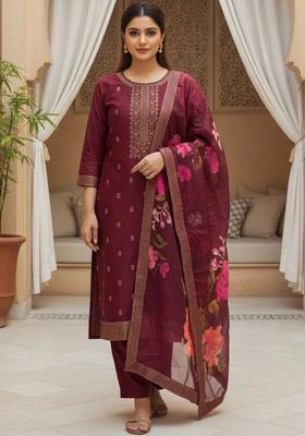 Maroon Embroidered Silk Kurta Set