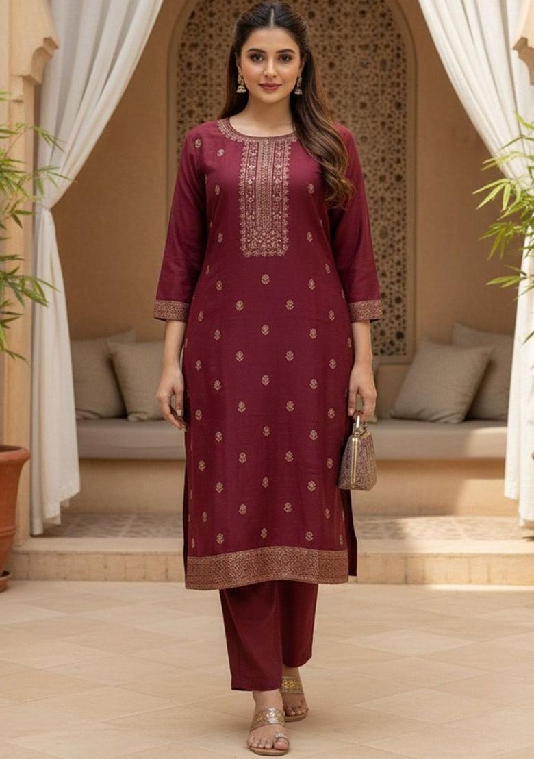 Maroon Embroidered Silk Kurta Set - Indya