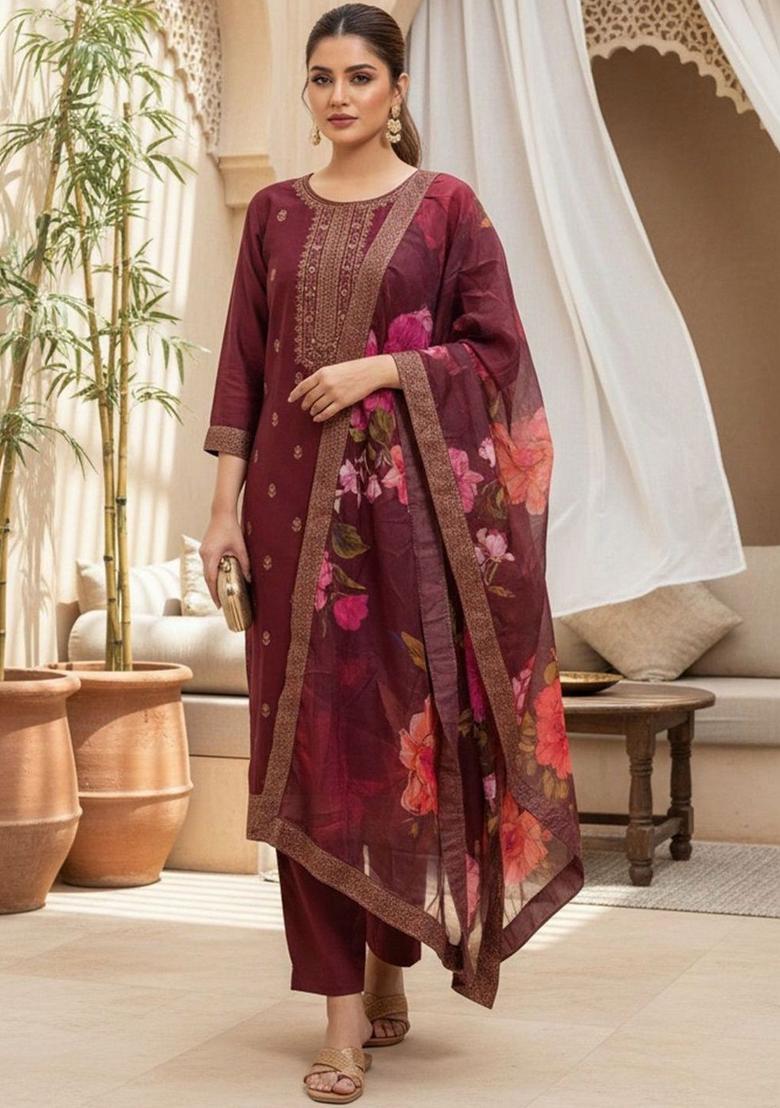 Maroon Embroidered Silk Kurta Set - Indya