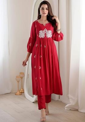 Red Embroidered Viscose Kurta Set