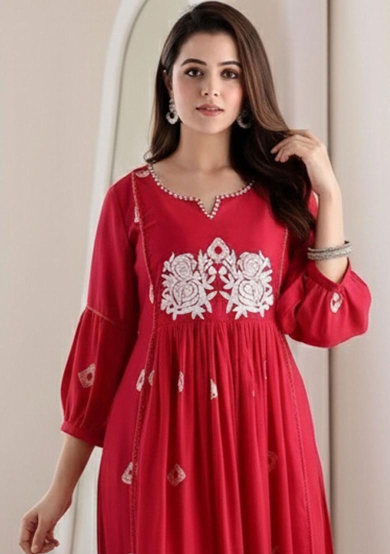 Red Embroidered Viscose Kurta Set - Indya