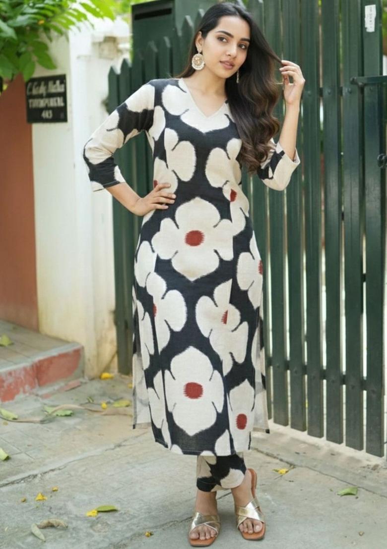 Off White Printed Viscose Kurta Set - Indya