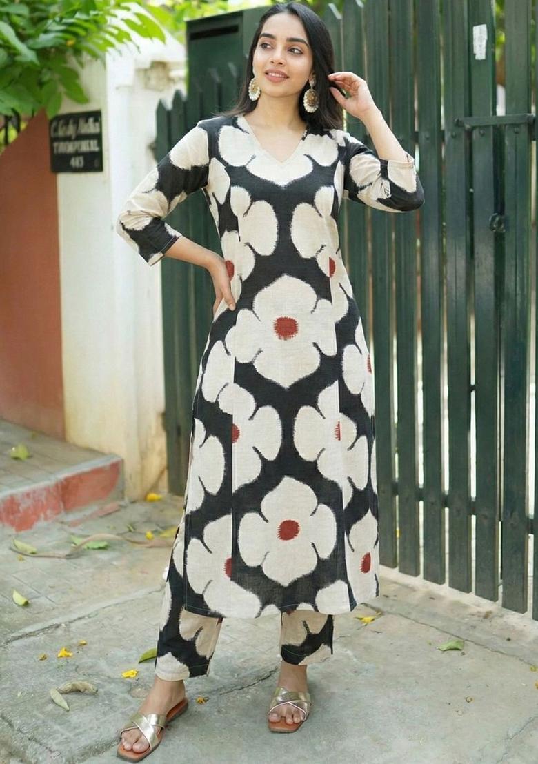 Off White Printed Viscose Kurta Set - Indya