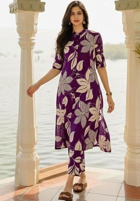 Purple Printed Viscose Kurta Set
