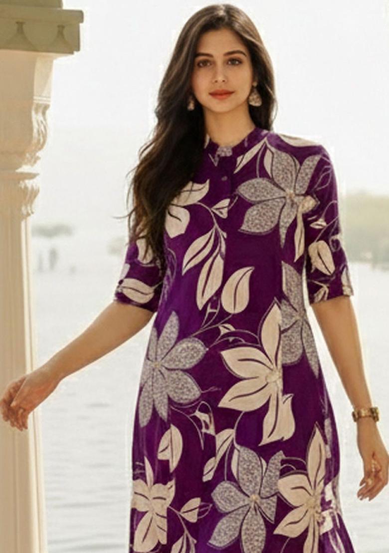 Purple Printed Viscose Kurta Set - Indya
