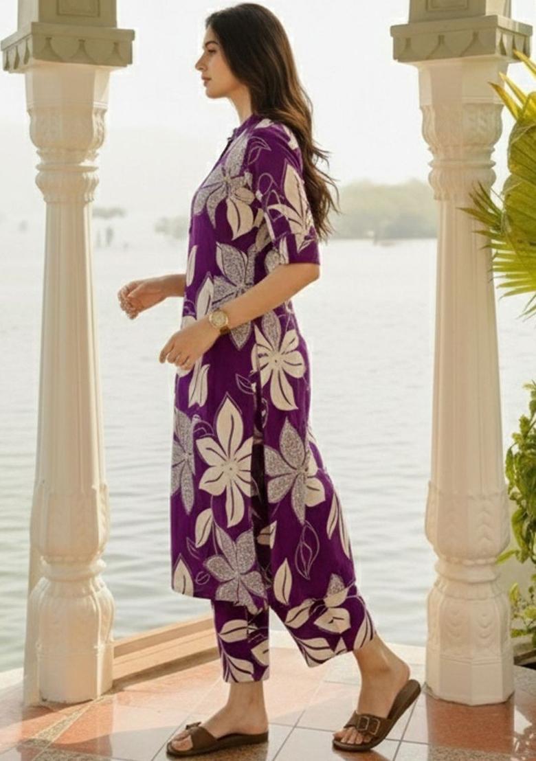 Purple Printed Viscose Kurta Set - Indya