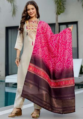 Cream Embroidered Viscose Kurta Set