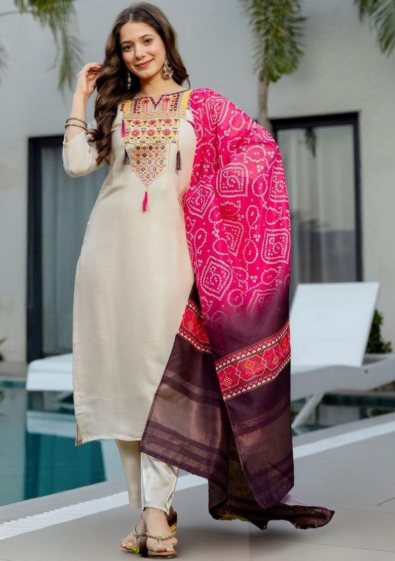 Cream Embroidered Viscose Kurta Set - Indya