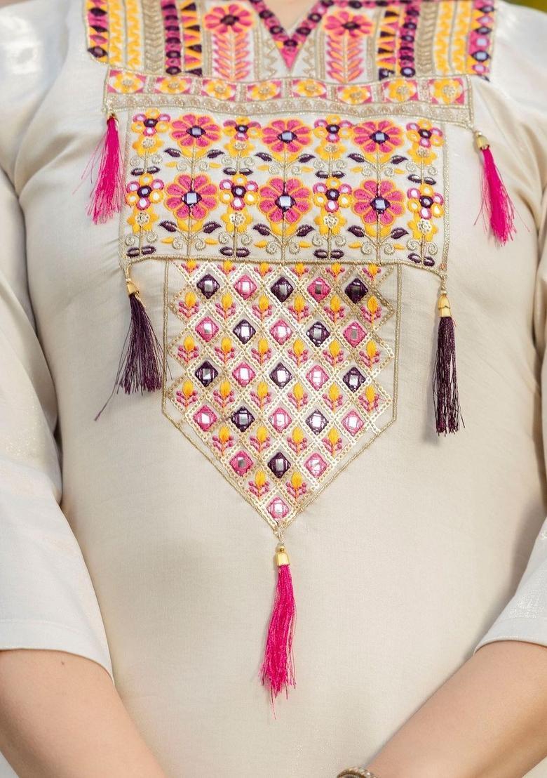 Cream Embroidered Viscose Kurta Set - Indya