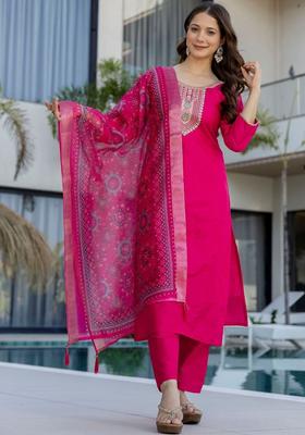 Pink Embroidered Cotton Kurta Set
