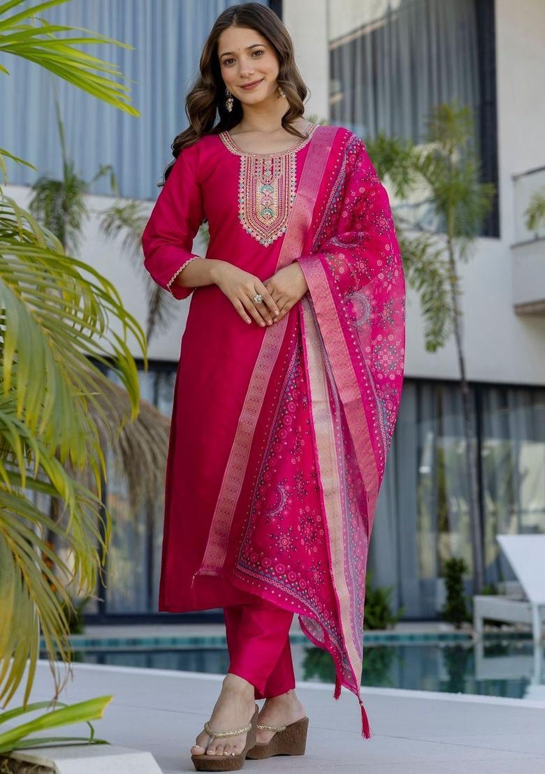 Pink Embroidered Cotton Kurta Set - Indya