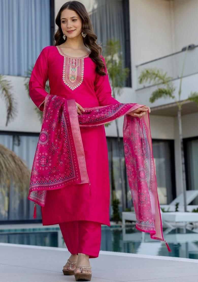 Pink Embroidered Cotton Kurta Set - Indya