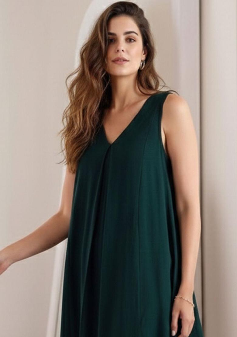 Dark Green Solid Viscose Kurta Set - Indya