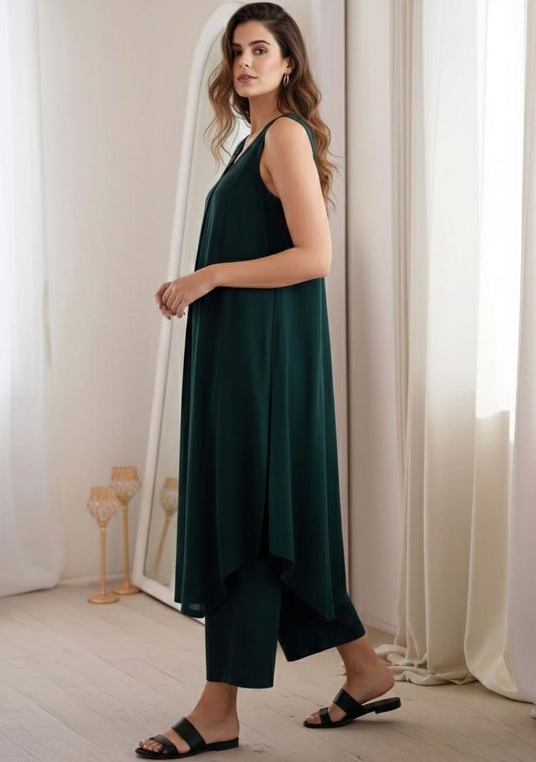 Dark Green Solid Viscose Kurta Set - Indya