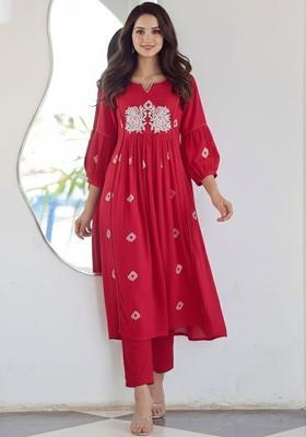 Red Embroidered Viscose Kurta Set