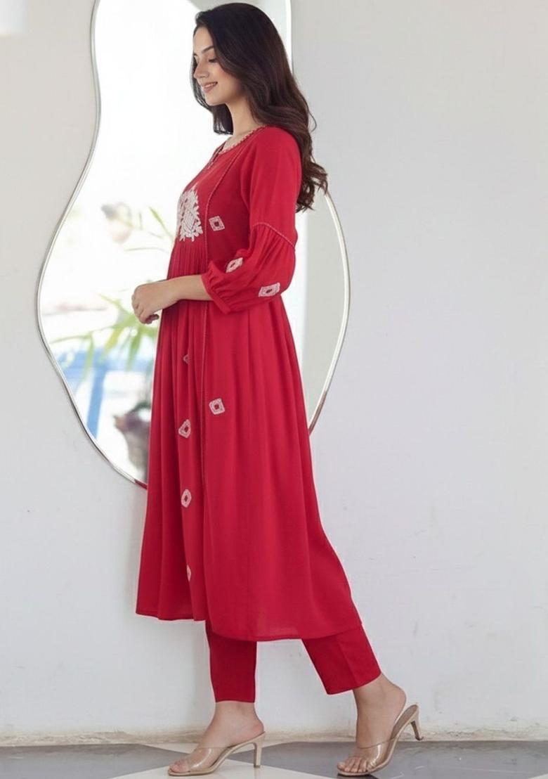 Red Embroidered Viscose Kurta Set - Indya