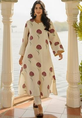 Off White Printed Viscose Kurta Set