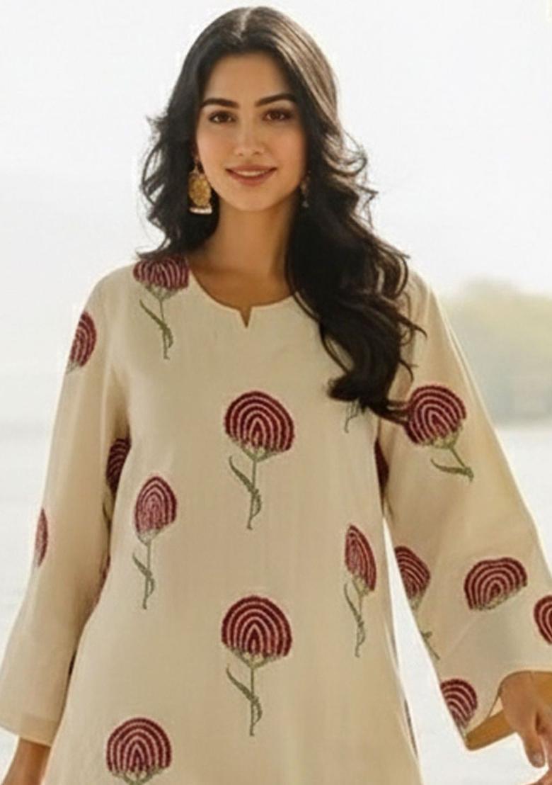 Off White Printed Viscose Kurta Set - Indya