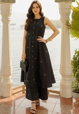 Black Self Design Viscose Kurta Set