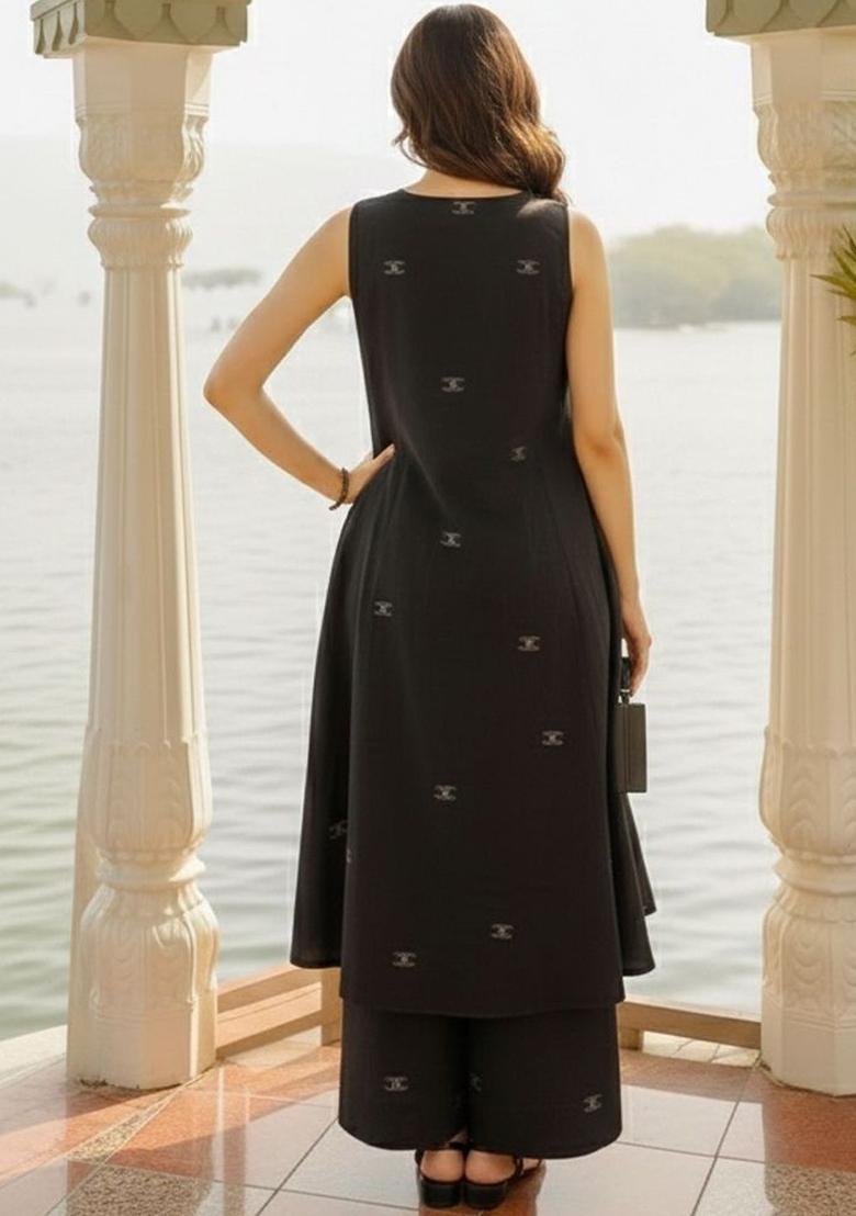 Black Self Design Viscose Kurta Set - Indya