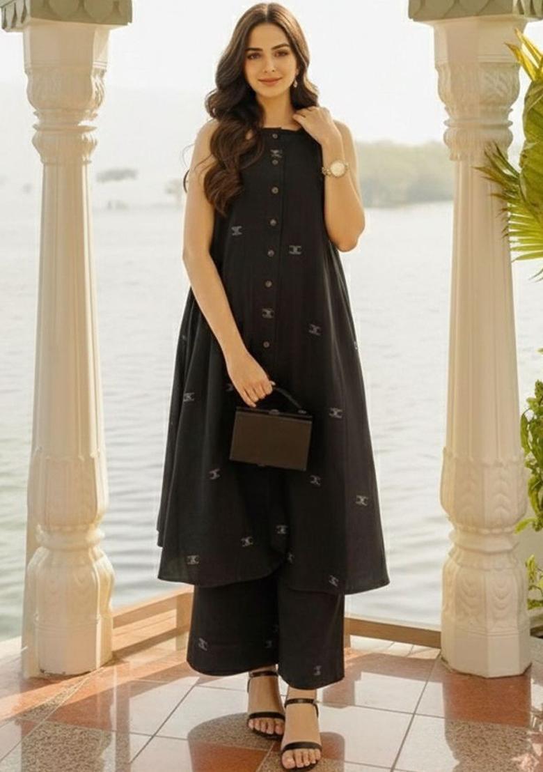 Black Self Design Viscose Kurta Set - Indya