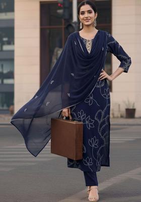 Navy Blue Printed Viscose Kurta Set