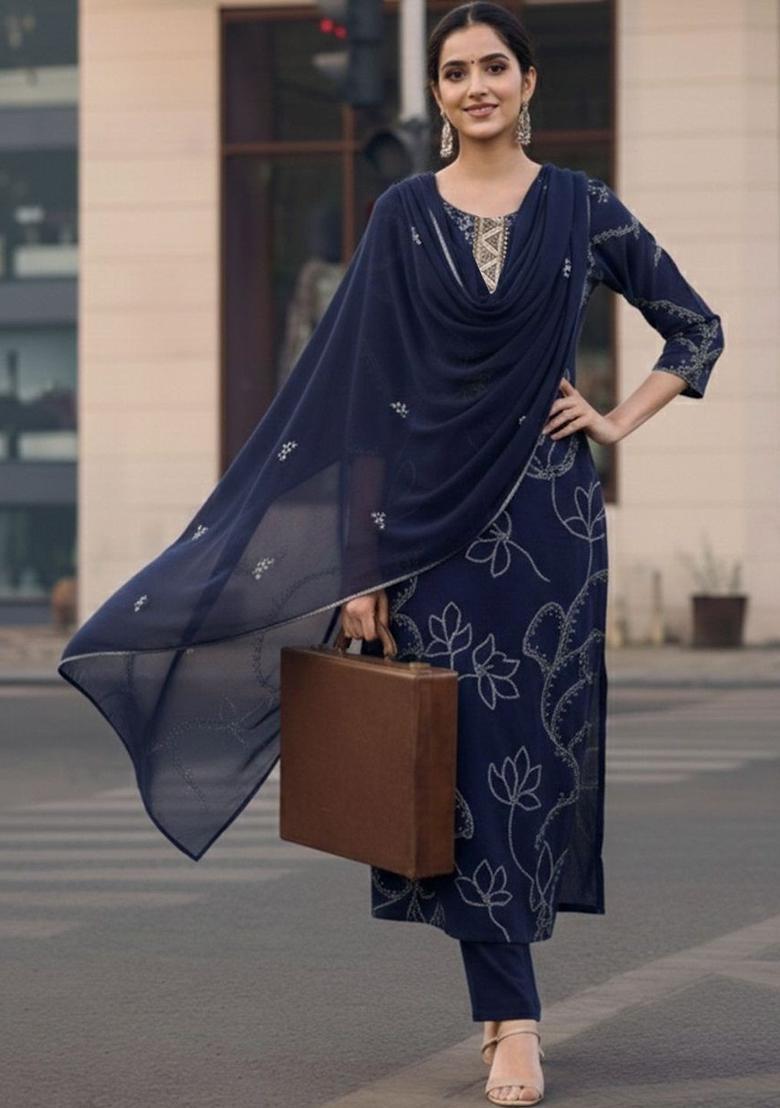 Navy Blue Printed Viscose Kurta Set - Indya