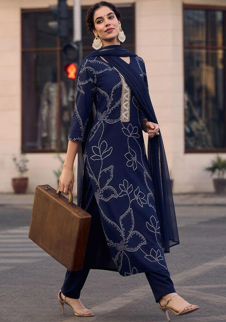 Navy Blue Printed Viscose Kurta Set - Indya