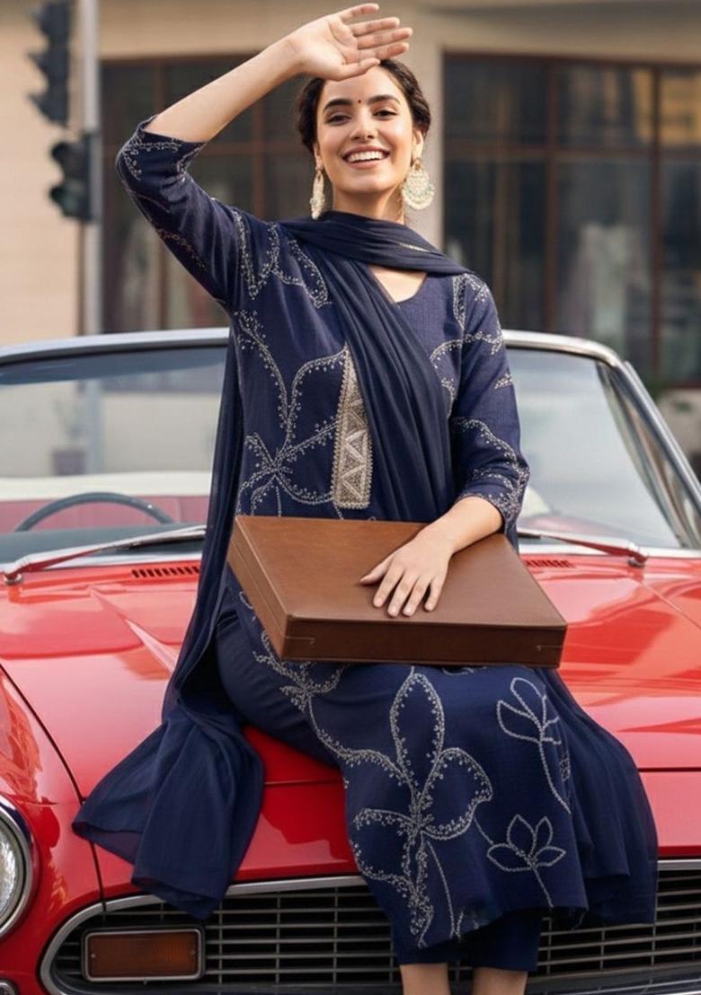 Navy Blue Printed Viscose Kurta Set - Indya