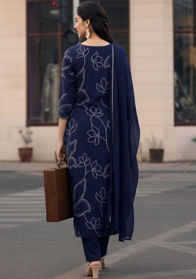 Navy Blue Printed Viscose Kurta Set - Indya