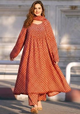 Red Printed Viscose Kurta Set