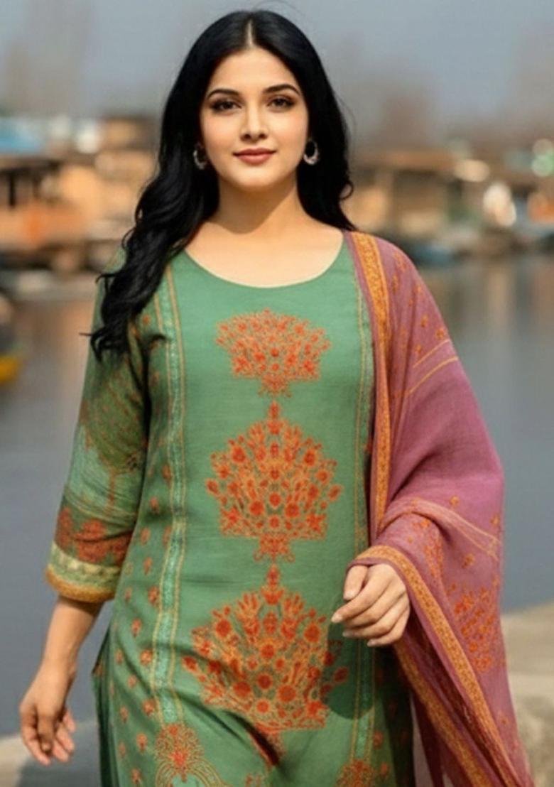 Green Printed Viscose Kurta Set - Indya