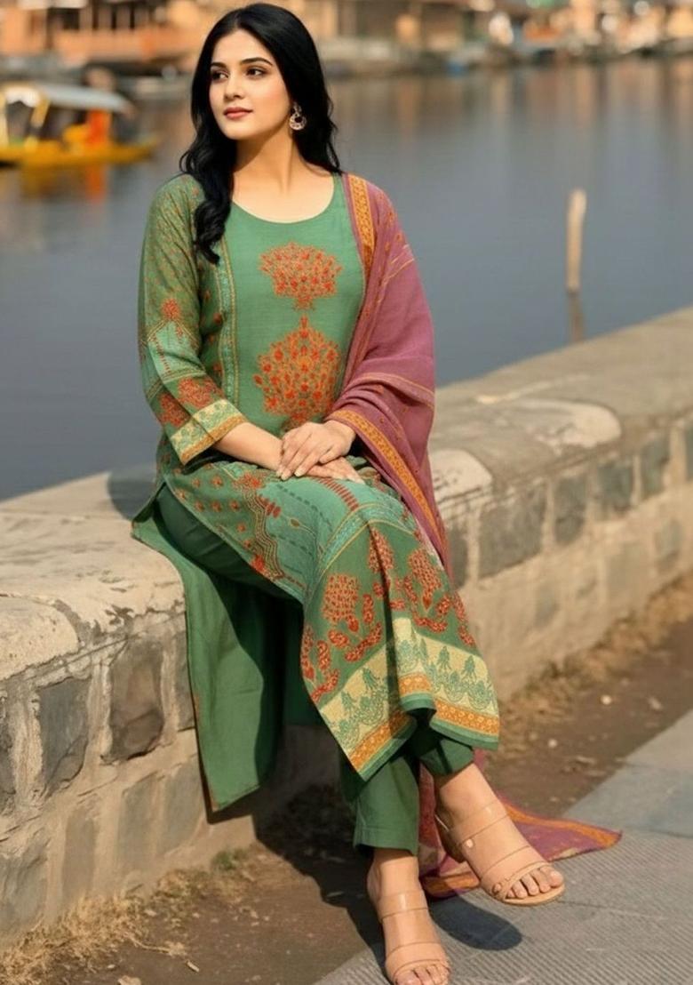 Green Printed Viscose Kurta Set - Indya