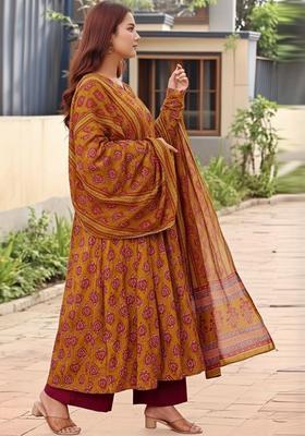 Mustard Printed Viscose Kurta Set