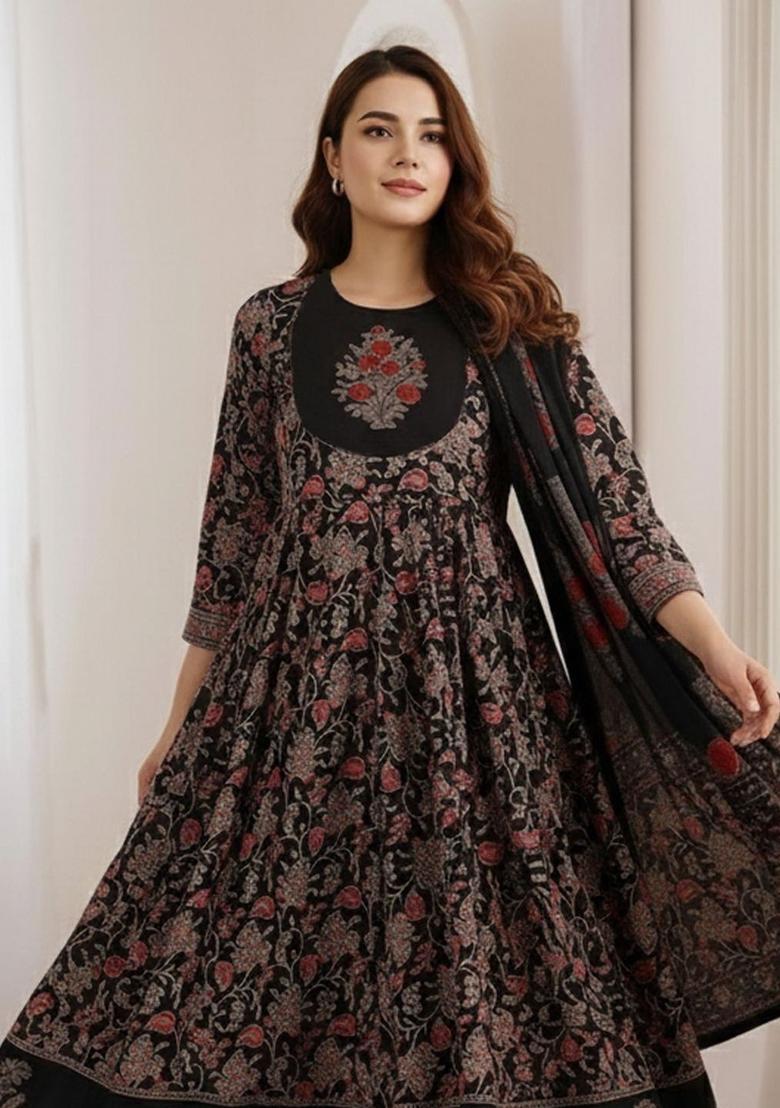 Black Printed Viscose Kurta Set - Indya