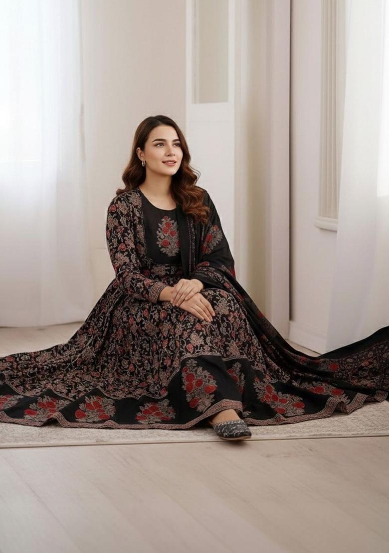 Black Printed Viscose Kurta Set - Indya