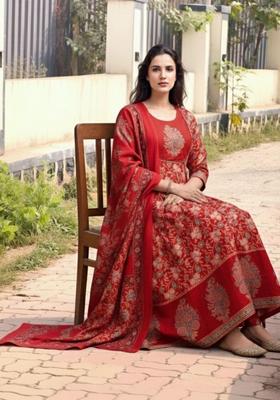 Red Printed Viscose Kurta Set