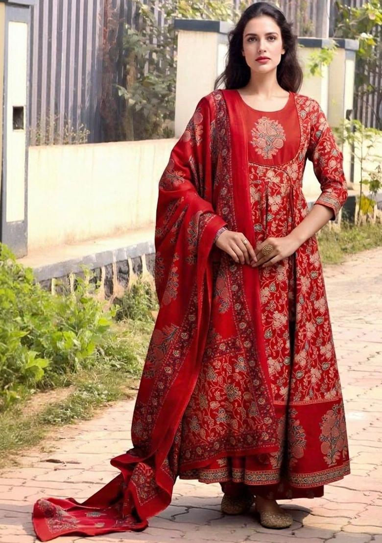 Red Printed Viscose Kurta Set - Indya