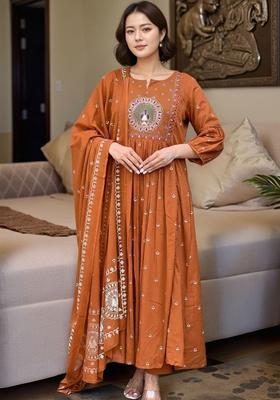 Orange Embroidered Viscose Kurta Set
