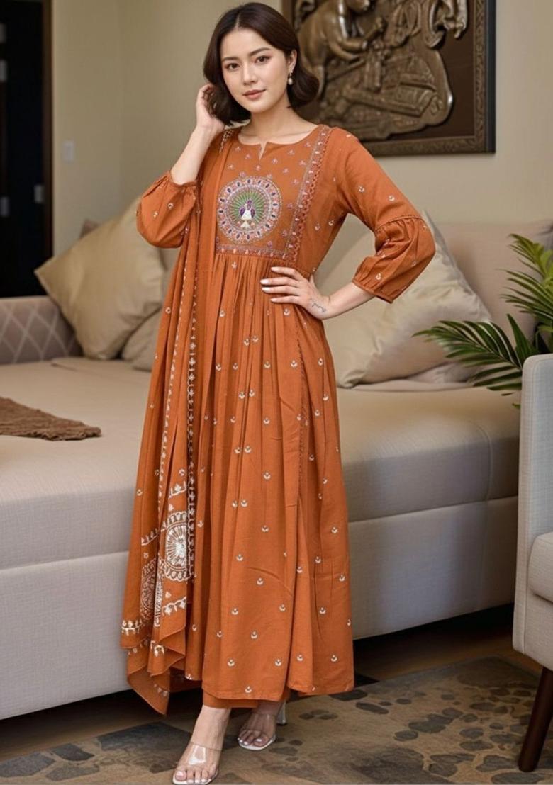 Orange Embroidered Viscose Kurta Set - Indya